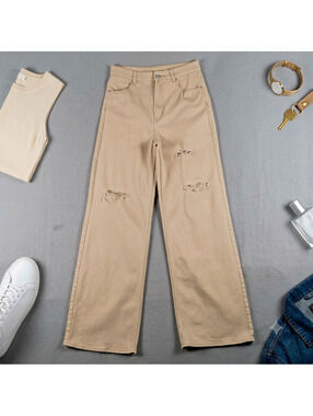 H&M Divided Beige Distressed Wide Leg Jeans High Rise Ripped US 6 EUR 38 Skate